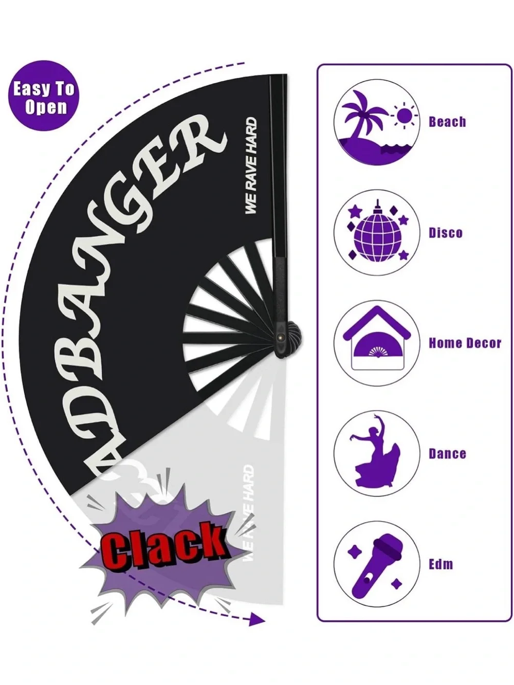 Large Rave Folding Clack Handheld Fan with White Lettering